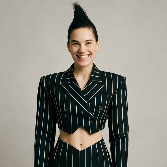 Susan Dicks & Co Custom Black White Pinstripe Cropped Blazer Jacket Dbl Breasted